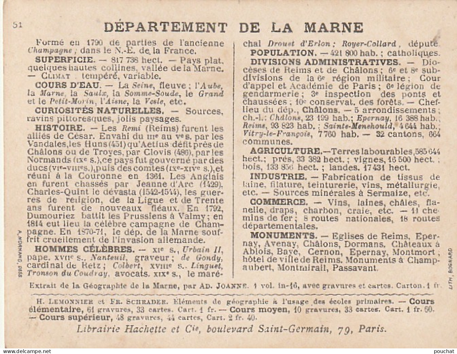 GU Nw -(51 ) CHROMO DEPARTEMENT DE LA MARNE , LIBRAIRIE HACHETTE - MONUMENTS - ILLUSTRATION NORMAND - Other & Unclassified