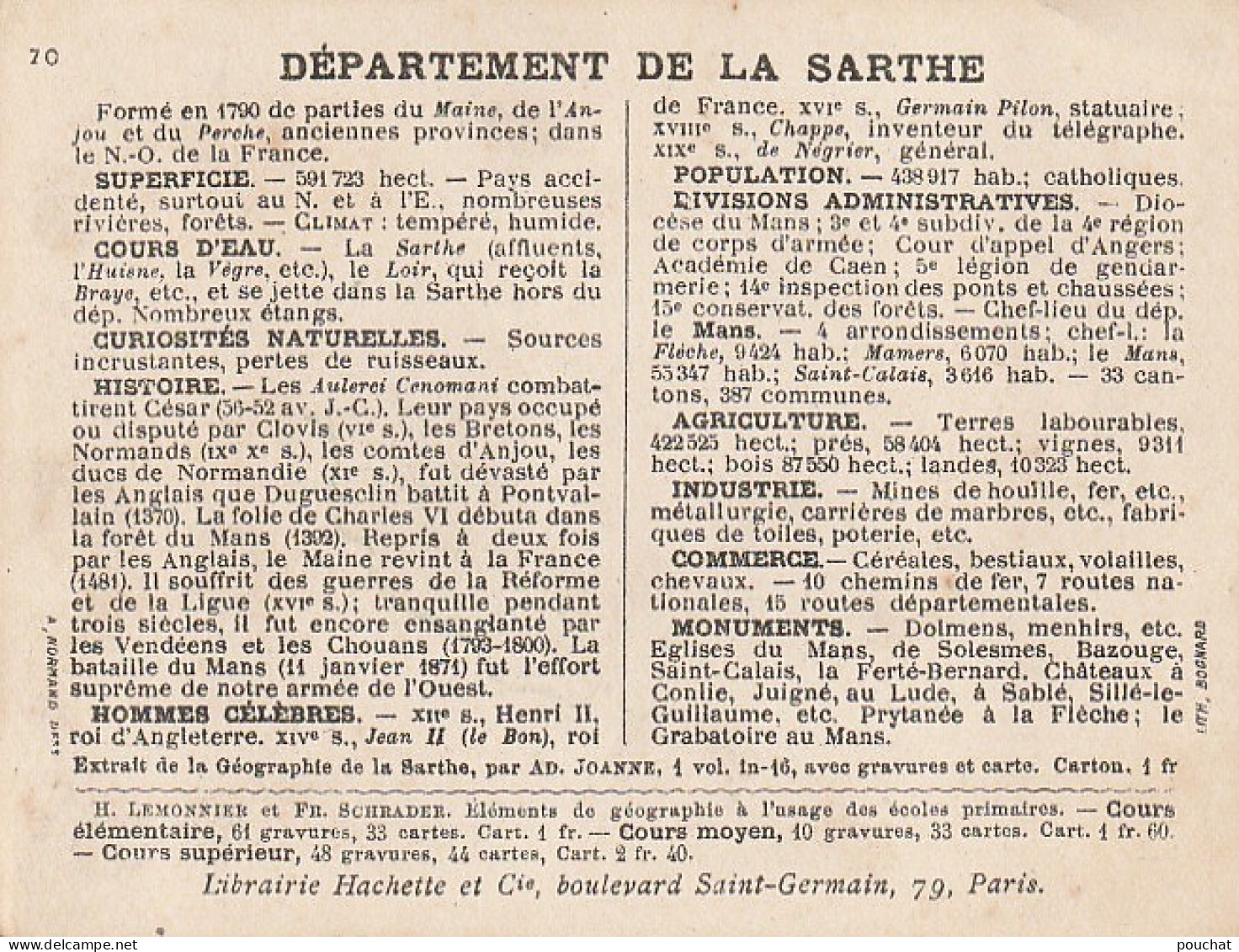 GU Nw -( 72 ) CHROMO DEPARTEMENT DE LA SARTHE , LIBRAIRIE HACHETTE - ILLUSTRATION NORMAND - Autres & Non Classés