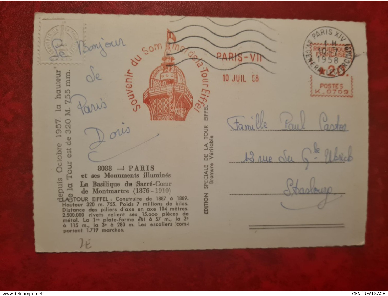 Carte PARIS FLAMME MECANIQUE SOUVENIR DU SOMMET DE LA TOUR EIFFEL EN ROUGE - 1950-1959