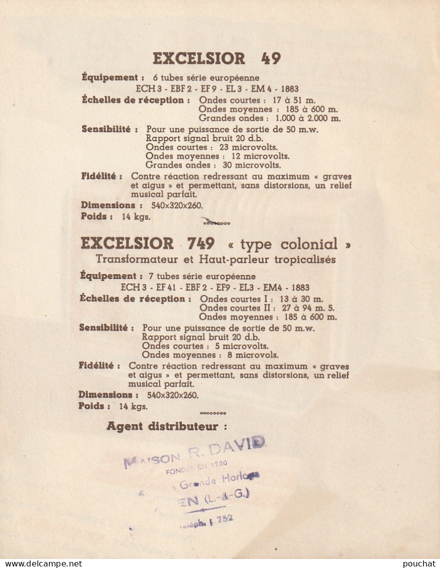 GU Nw - " EXCELSIOR 49 " , RADIOPHONE - CARACTERISTIQUES - AGENT DISTRIBUTEUR MAISON DAVID , AGEN (47) - Advertising