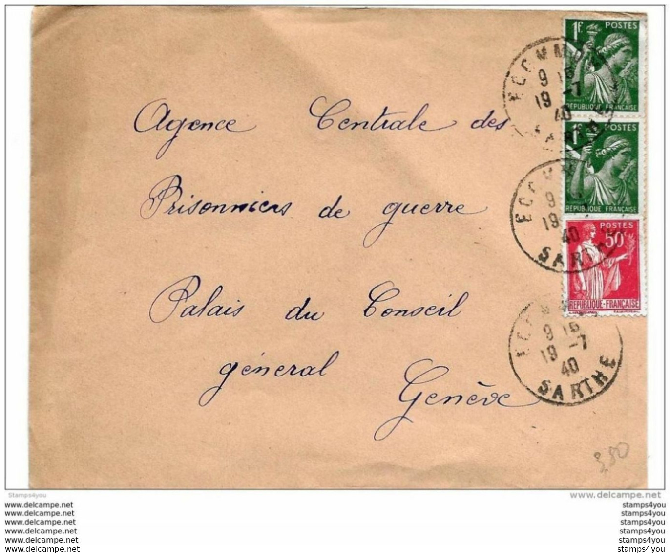 43-32 - Enveloppe Envoyée De Sarthe Au Service Prisonniers De Guerre Croix-Rouge Genève 1940 - WW2 (II Guerra Mundial)