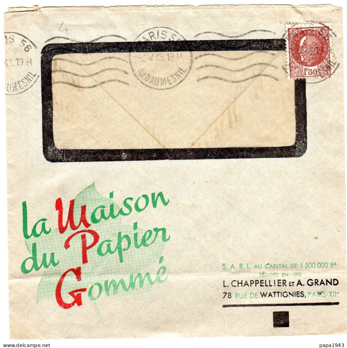 1943  CAD PARIS 56  Av Daumesnil  "LA MAISON DU PAPIER GOMME " - Covers & Documents