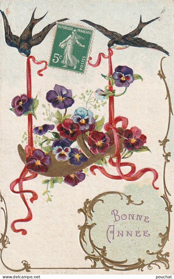 GU Nw - " BONNE ANNEE " - CARTE FANTAISIE GAUFREE , ARABESQUES DOREES - SOULIER DE PENSEES ET COUPLE D' HIRONDELLES - Neujahr