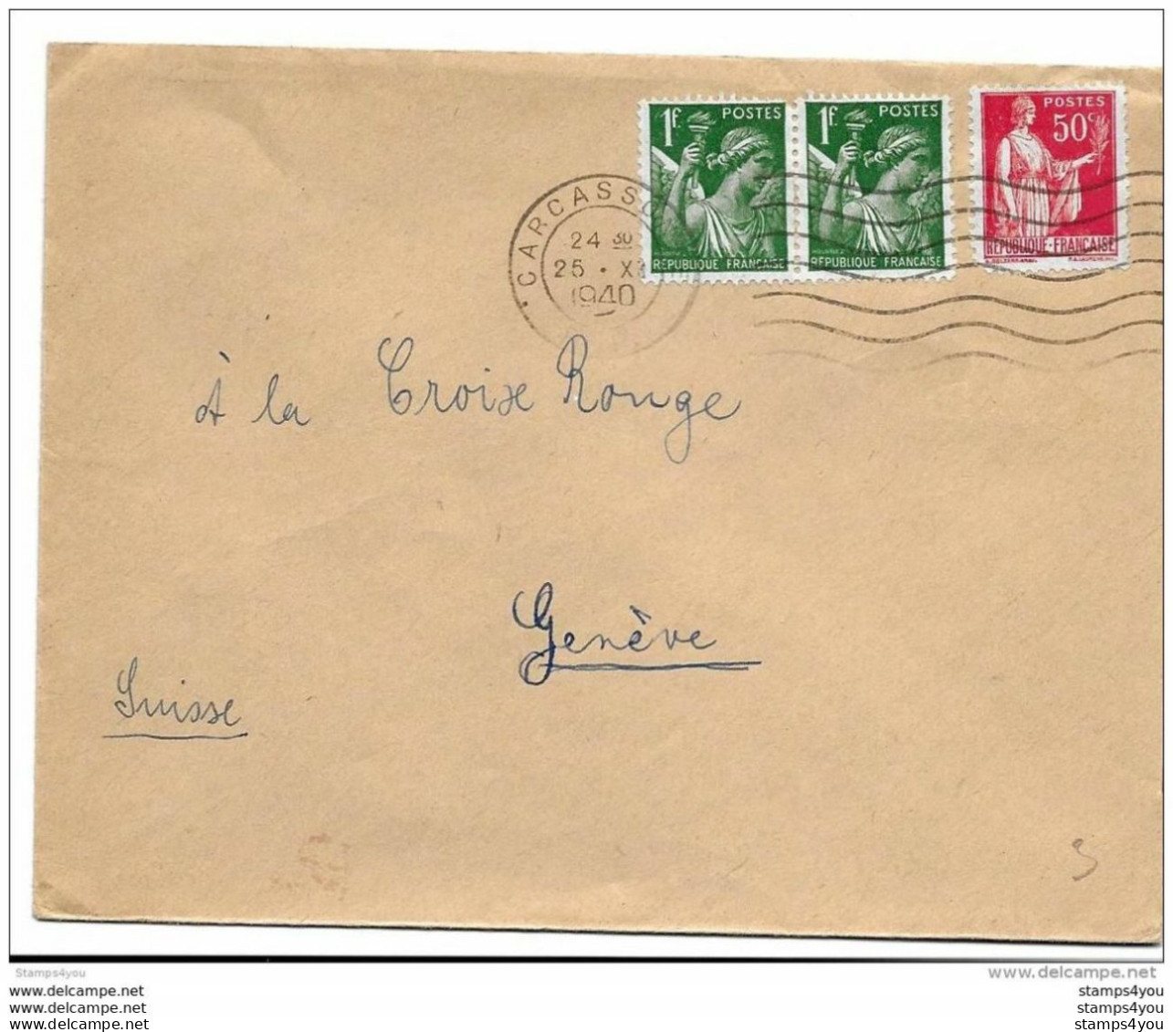 43-5 - Enveloppe Envoyée De Carcassonne Au Service Prisonniers De Guerre/Croix Rouge Genève 1940 - WW2