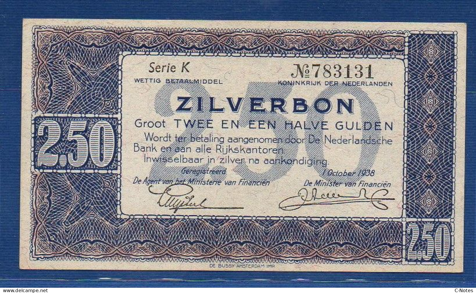 NETHERLANDS  - P.62 – 2.50 Gulden 1938  UNC-, S/n K 783131 - 2 1/2 Gulden