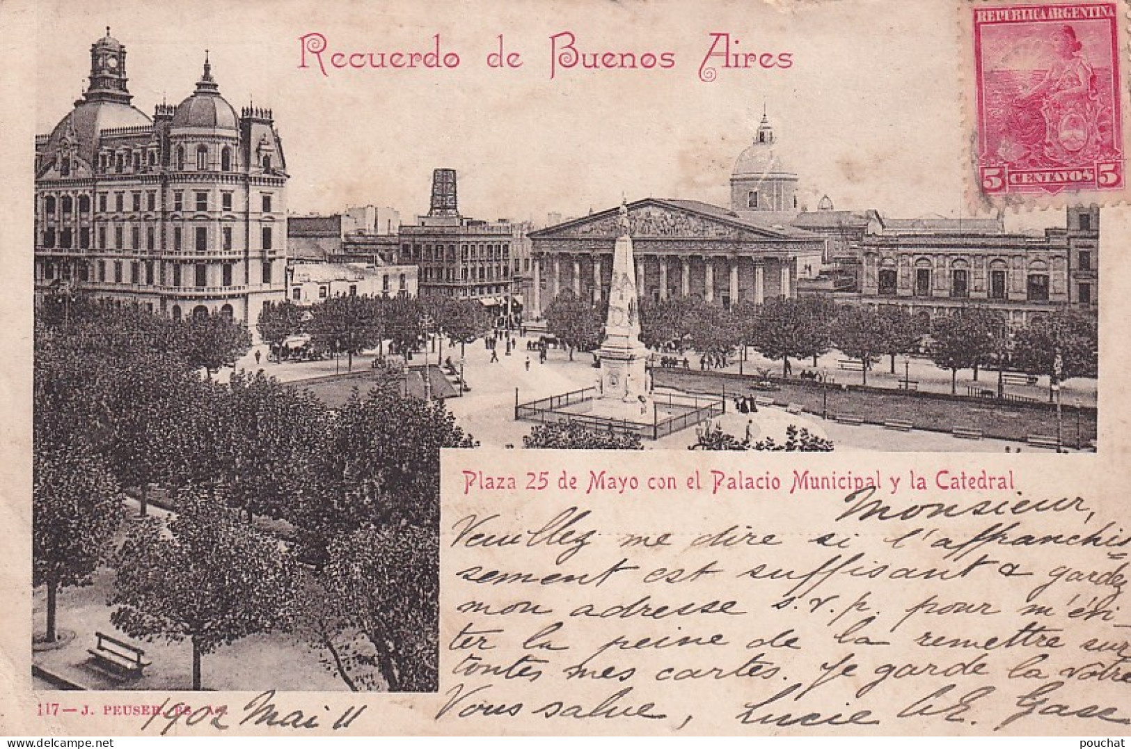 DE Nw28- PLAZA 25 DE MAYO CON EL PALACIO MUNICIPAL Y LA CATEDRAL - RECUERDO DE BUENOS AIRES - ARGENTINA  - Argentinië