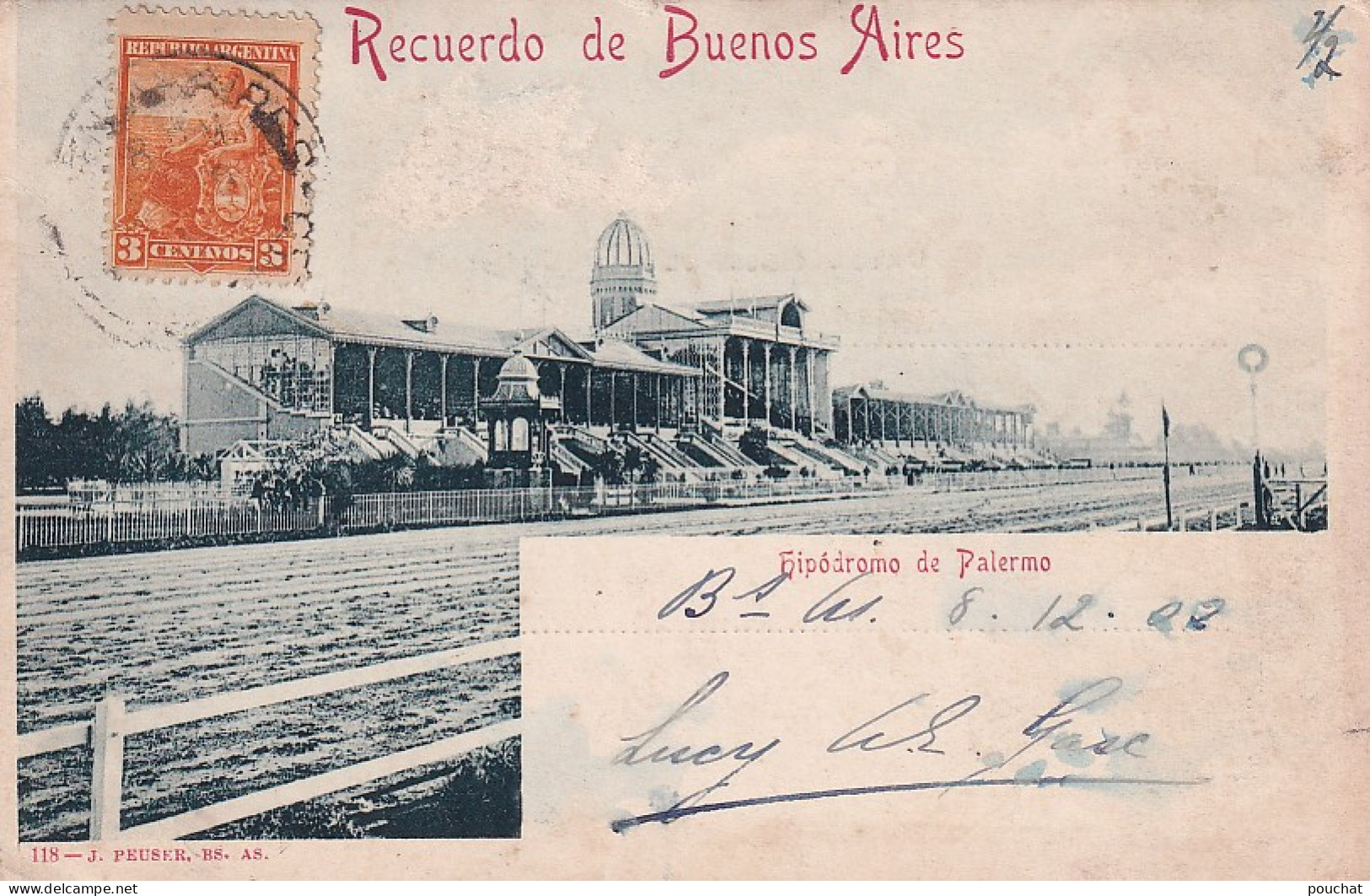 DE Nw28- HIPODROMO DE PALERMO - RECUERDO DE BUENOS AIRES -  ARGENTINA - OBLITERATION 1903 - Argentina