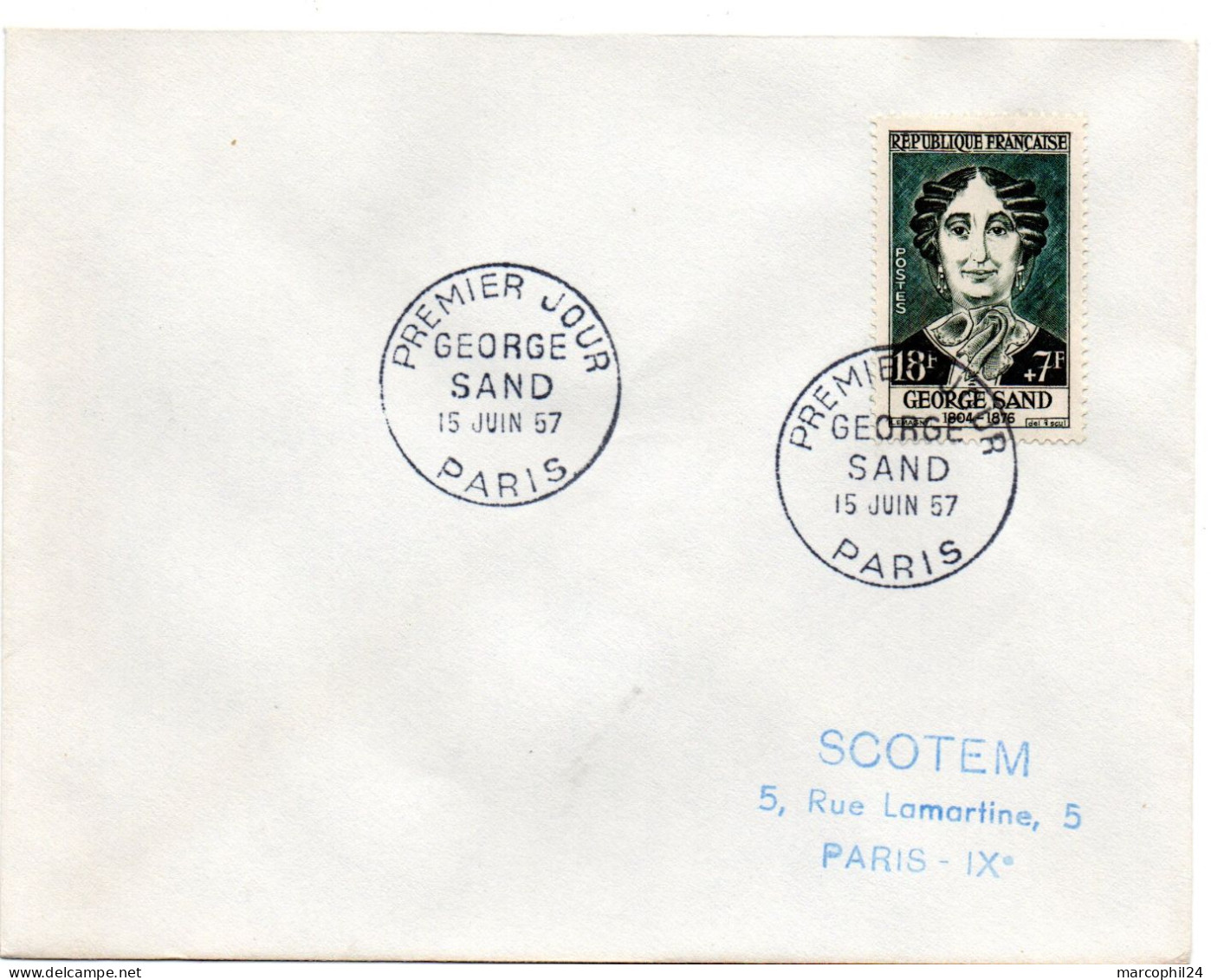 ECRIVAIN / George SAND = 75 PARIS 1957 = CACHET PREMIER JOUR N° 1112 Sur ENVELOPPE ENTIERE - Writers