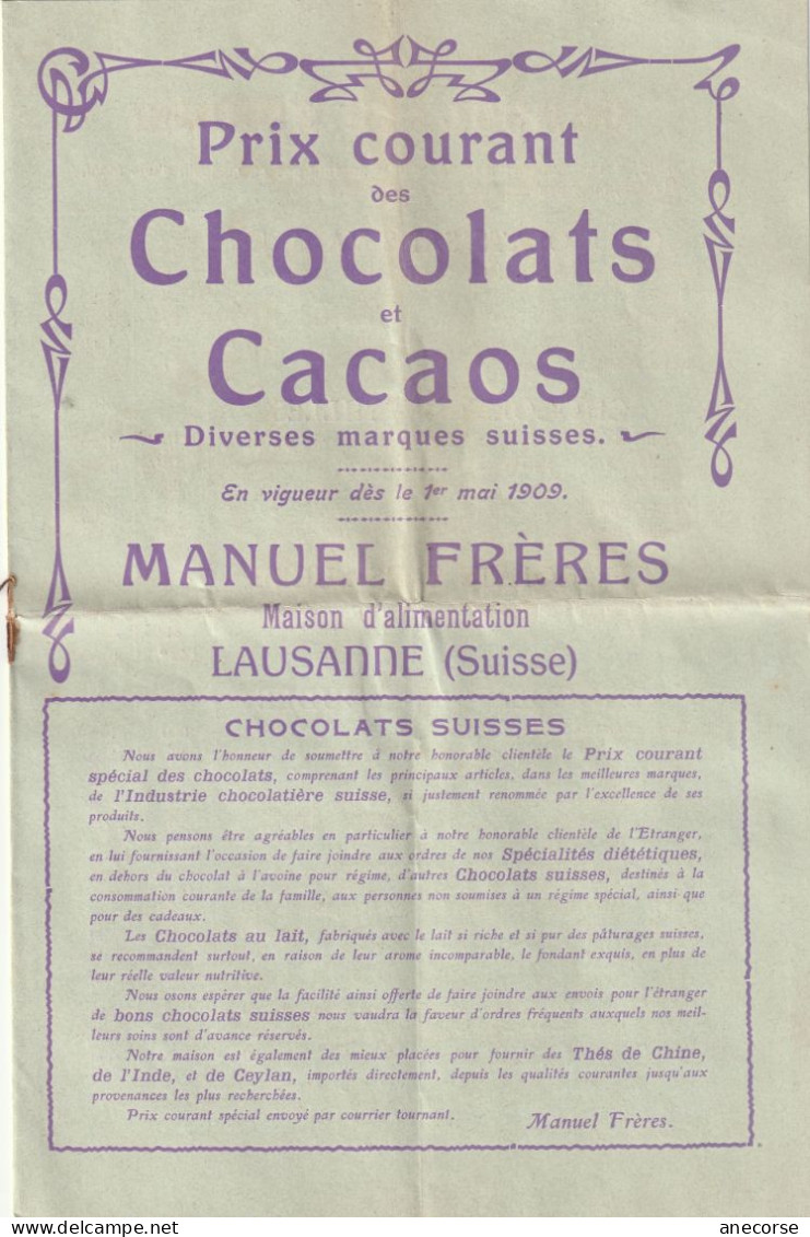 Chocolats Et Cacaos ( Grison ) Manuel Fréres Lausanne Diverses Marques Suisse 1 Mai 1909 - Chocolade