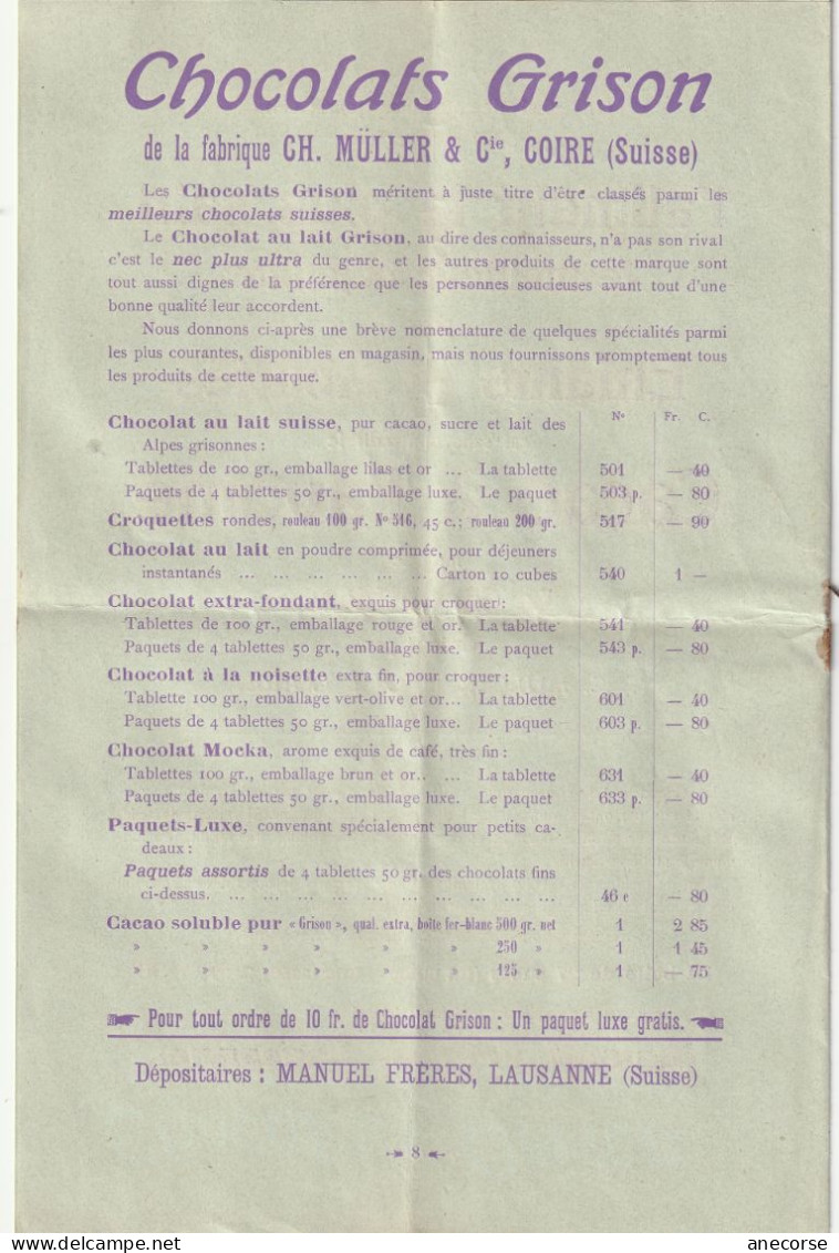 Chocolats Et Cacaos ( Grison ) Manuel Fréres Lausanne Diverses Marques Suisse 1 Mai 1909 - Chocolade