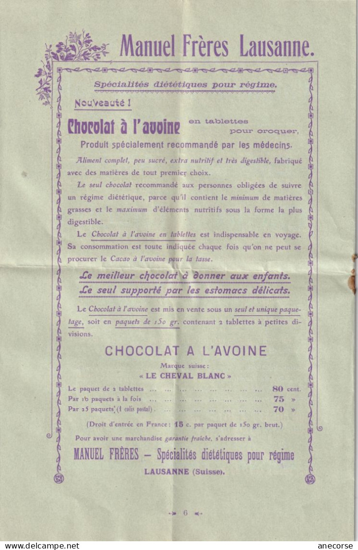 Chocolats Et Cacaos ( Grison ) Manuel Fréres Lausanne Diverses Marques Suisse 1 Mai 1909 - Chocolate