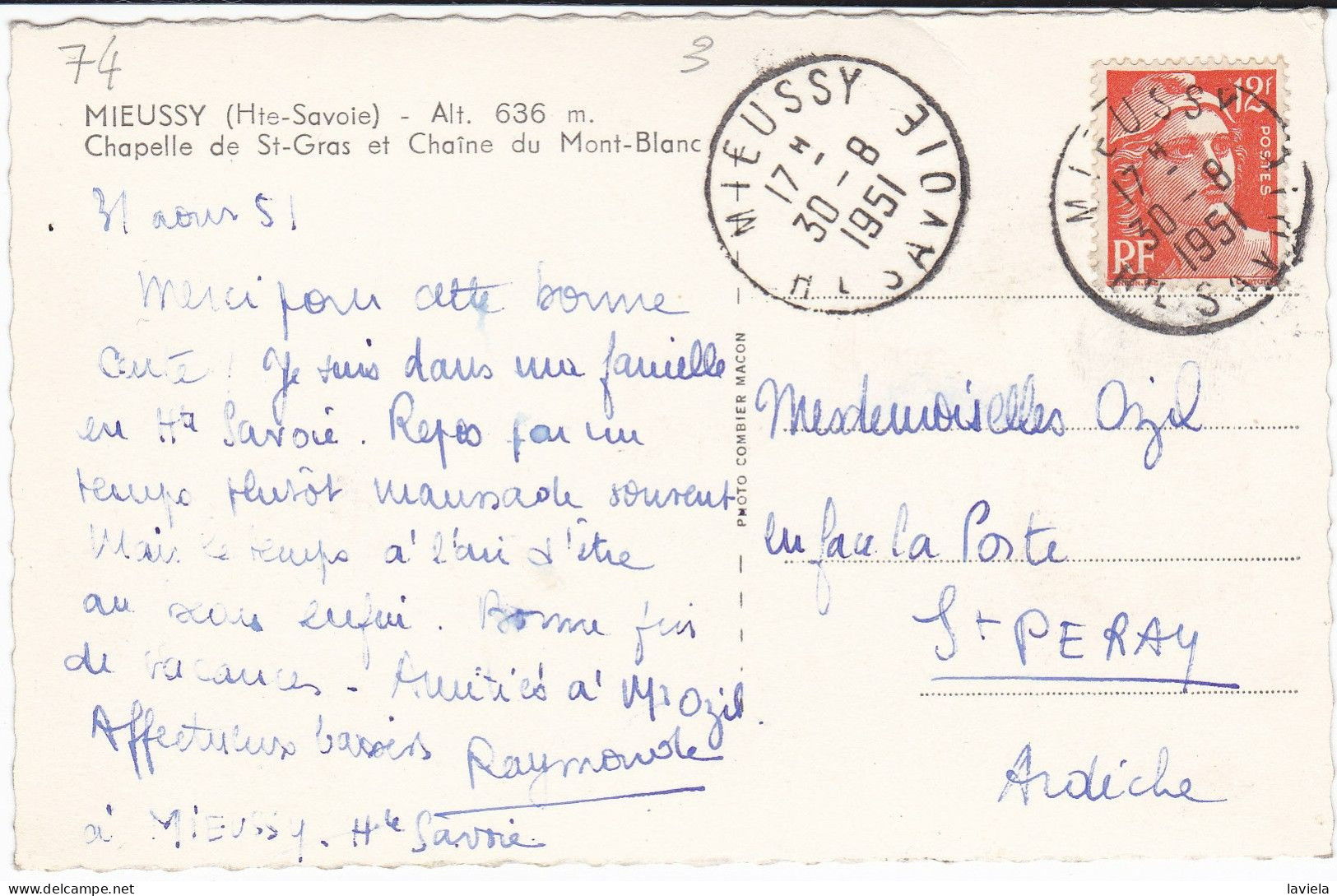 74 MIEUSSY (Alt. 636 M) - Chapelle De St-Gras Et Chaîne Du Mont-Blanc - Circulée 1951 - Mieussy