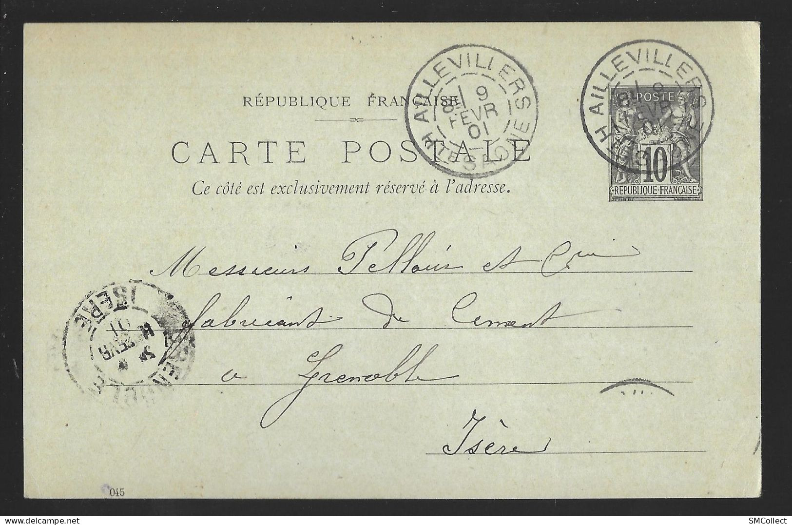 Entier Postal, Sage 10 Centimes Noir Voyagé En Février 1901, De Aillevillers Vers Grenoble (13583) - Postales Tipos Y (antes De 1995)