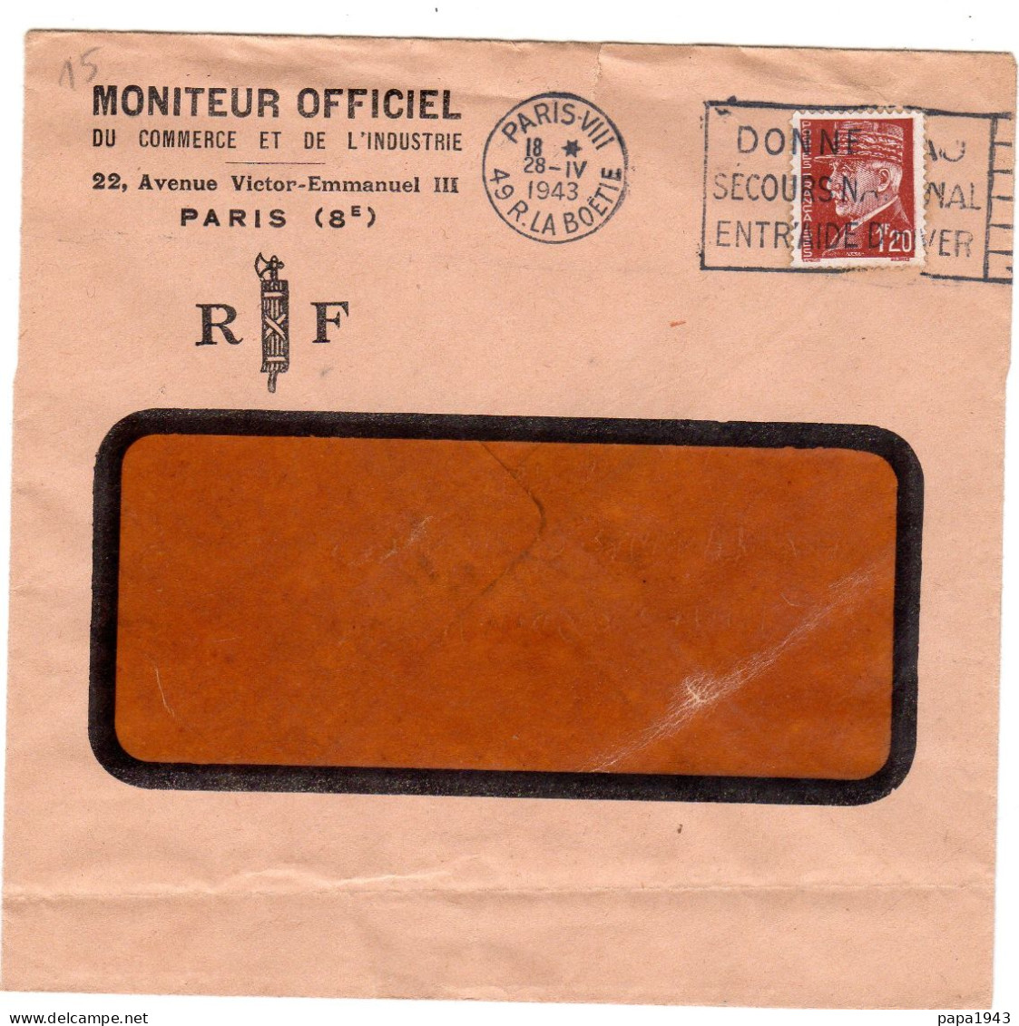 1943  CAD PARIS VIII  49 Rue La Boetie  " MONITEUR OFFICIEL " - Brieven En Documenten