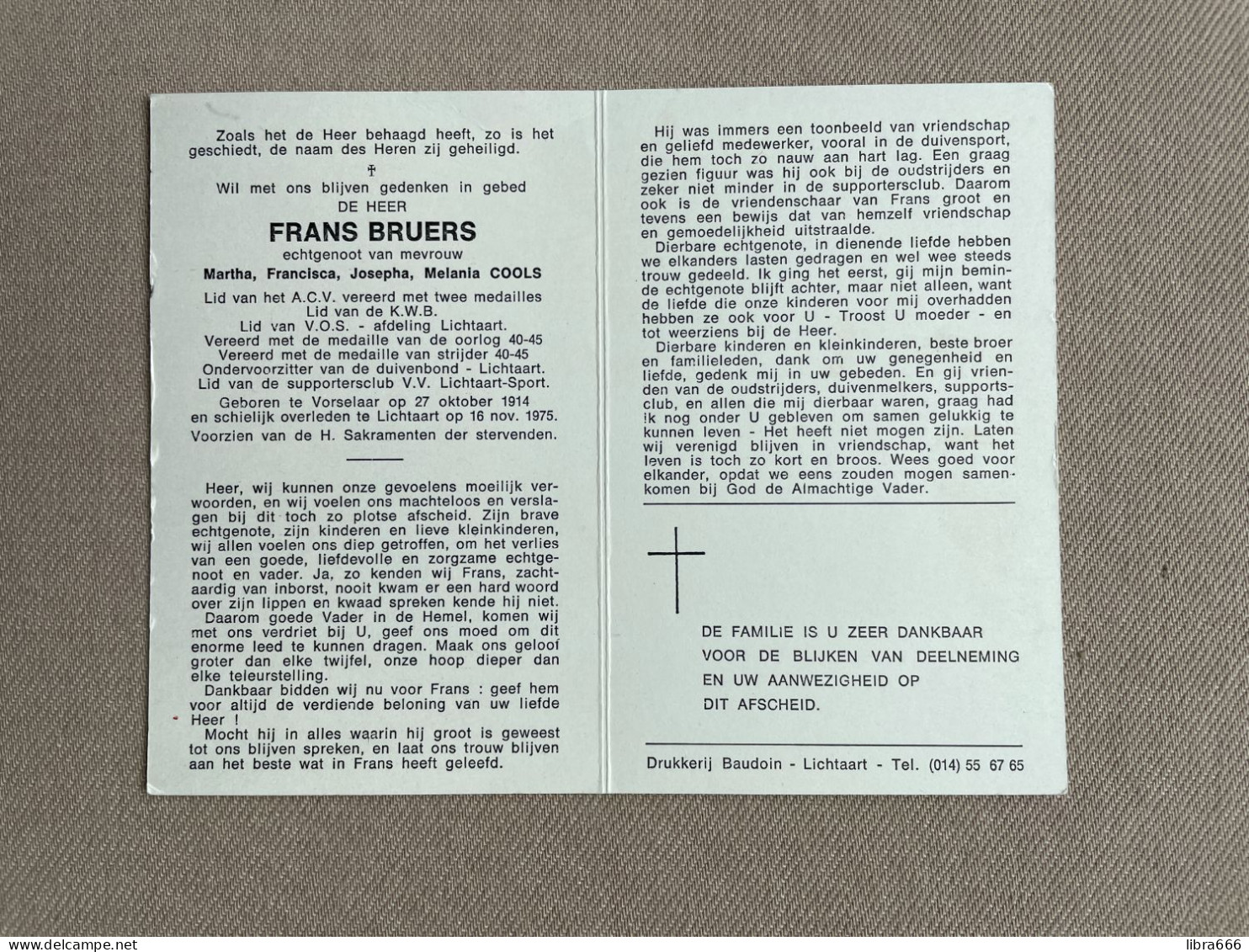 BRUERS Frans °VORSELAAR 1914 +LICHTAART 1975 - COOLS - Obituary Notices