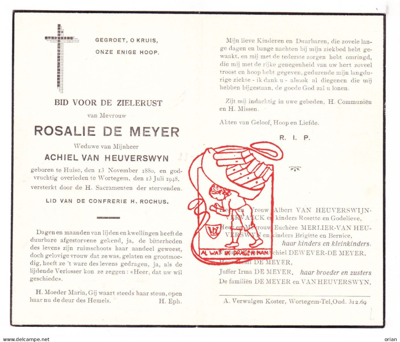 DP Rosalie De Meyer ° Huise Zingem 1880 † Wortegem 1948 X Achiel Van Heuverswyn // Vervaeck Merlier Dewever - Images Religieuses