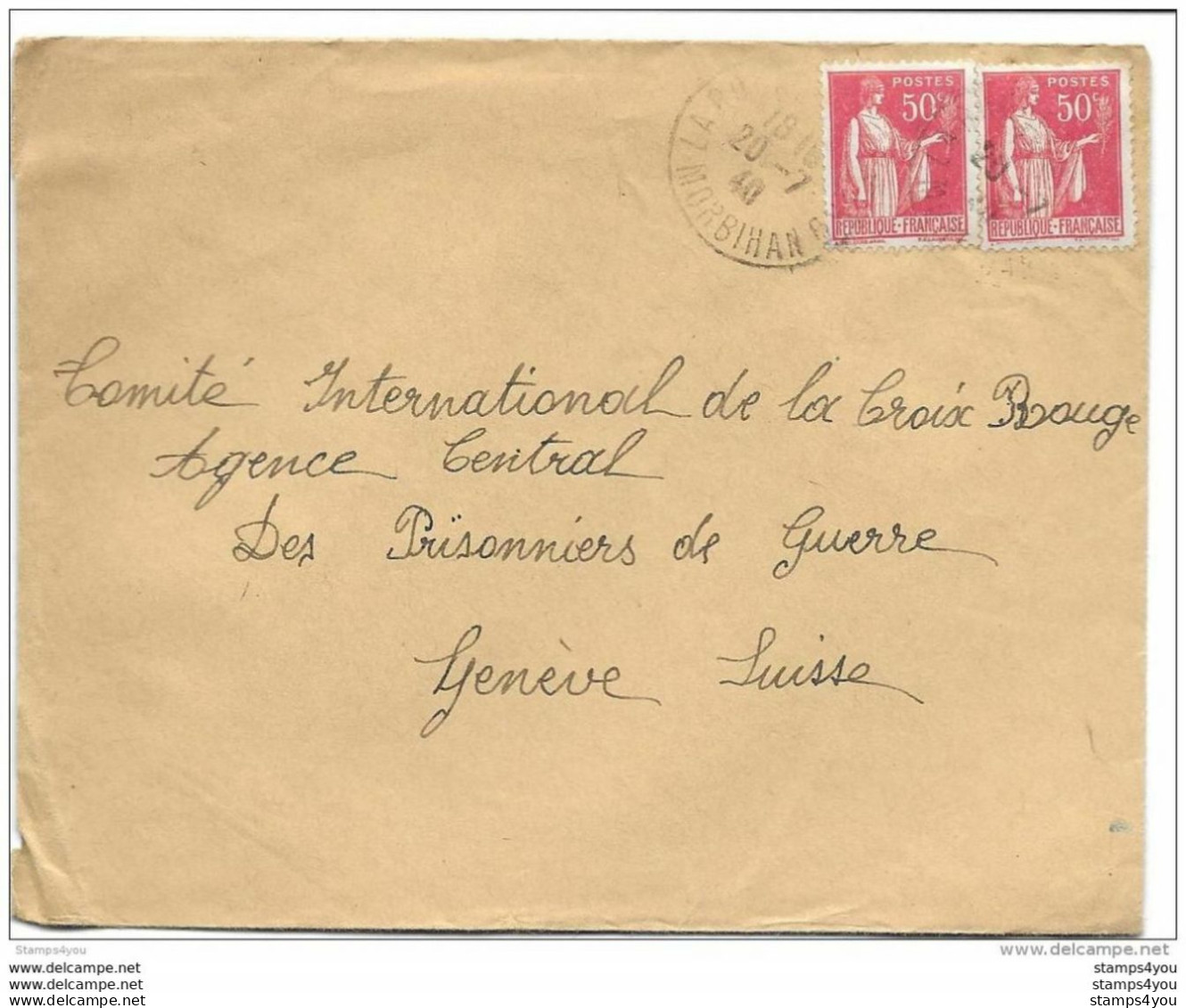 64 - 25 - Enveloppe Envoyée Du Morbihan  à L'agence Prisonniers De Guerre Croix-Rouge Genève 1940 - Guerra De 1939-45