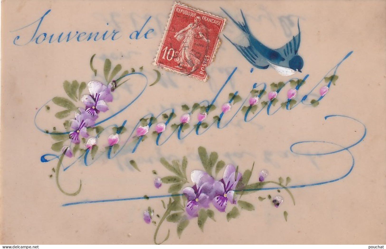 EP 28-(33) " SOUVENIR DE LANDIRAS " - CARTE CELLULOID PEINTE - FLEURS VIOLETTES ET HIRONDELLE - Other & Unclassified