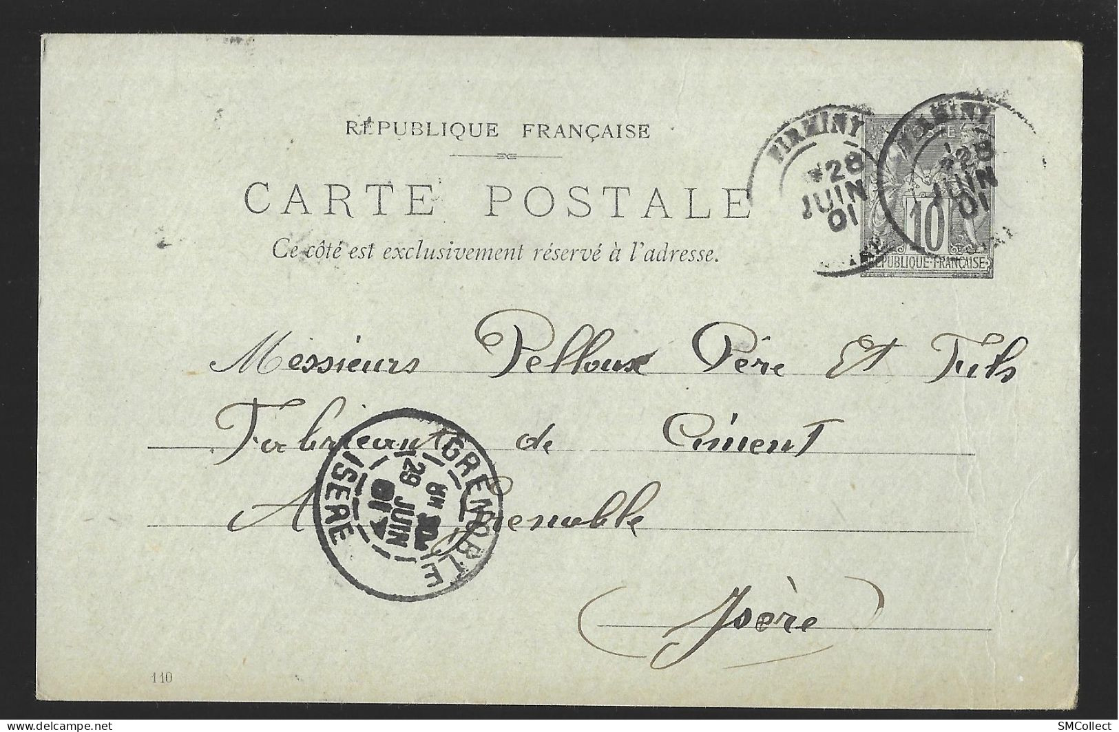 Entier Postal, Sage 10 Centimes Noir Voyagé En Juin 1901, De Firminy Vers Grenoble (13584) - Standaardpostkaarten En TSC (Voor 1995)