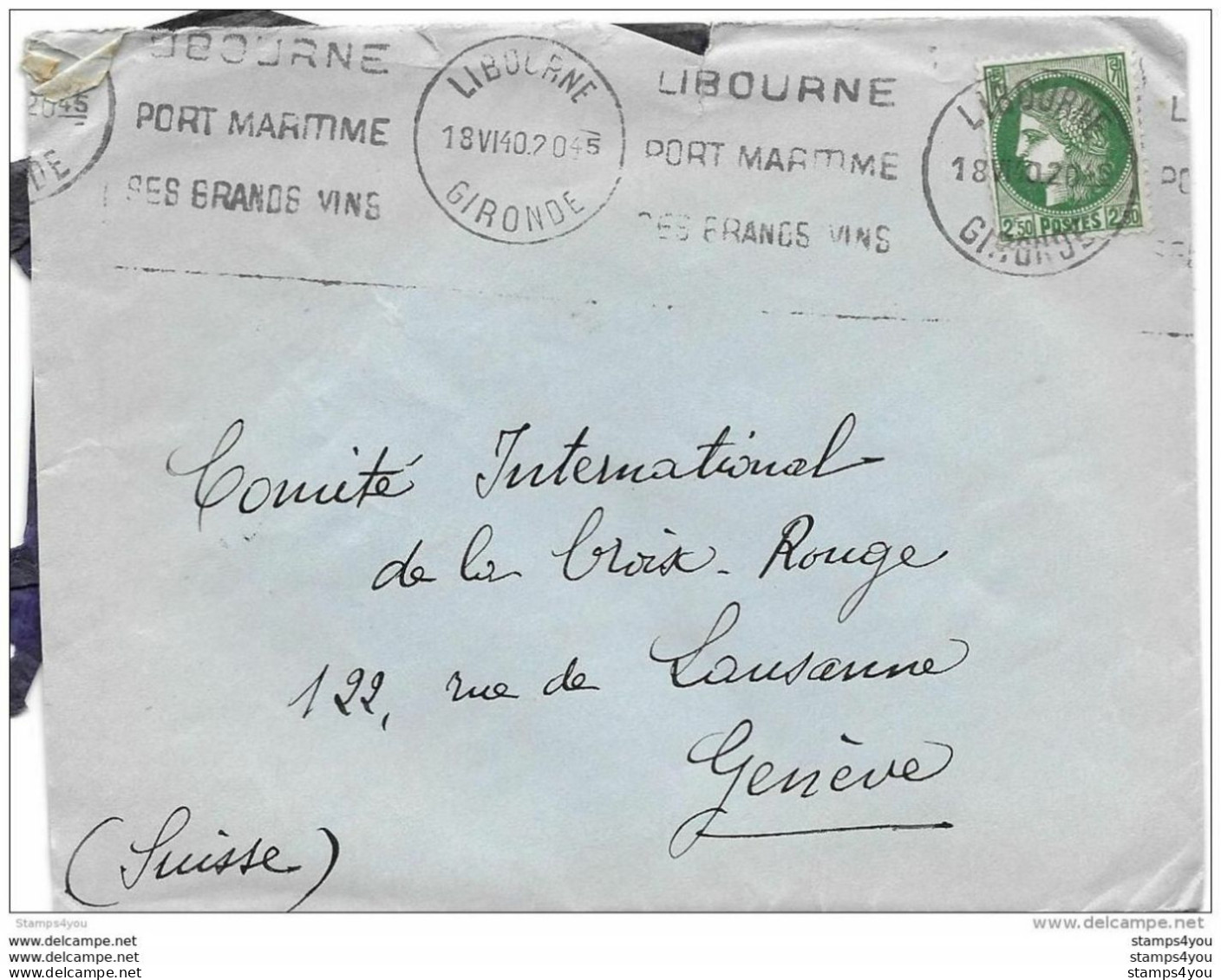 64 - 23 - Enveloppe Envoyée De Libourne à L'agence Prisonniers De Guerre Croix-Rouge Genève 1940 - 2. Weltkrieg 1939-1945