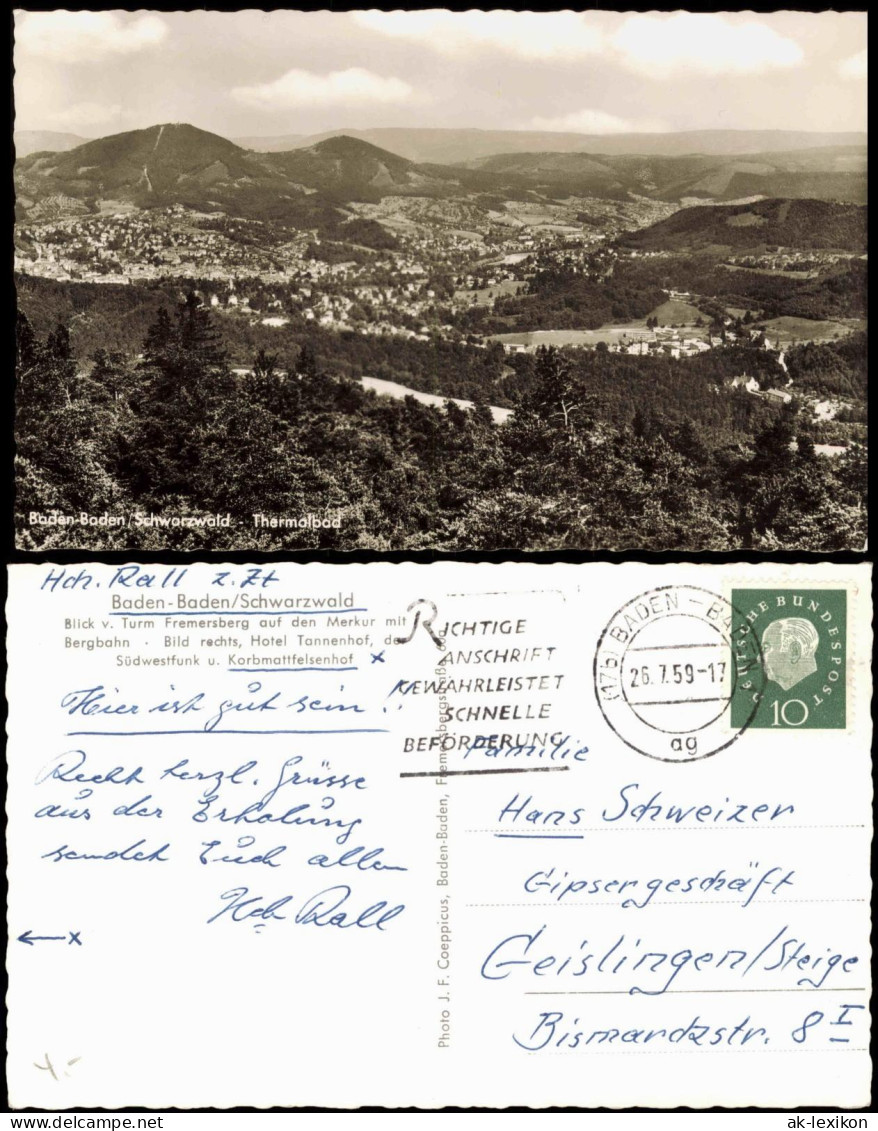Ansichtskarte Baden-Baden Blick V. Turm Fremersberg Auf Den Merkur 1959 - Baden-Baden