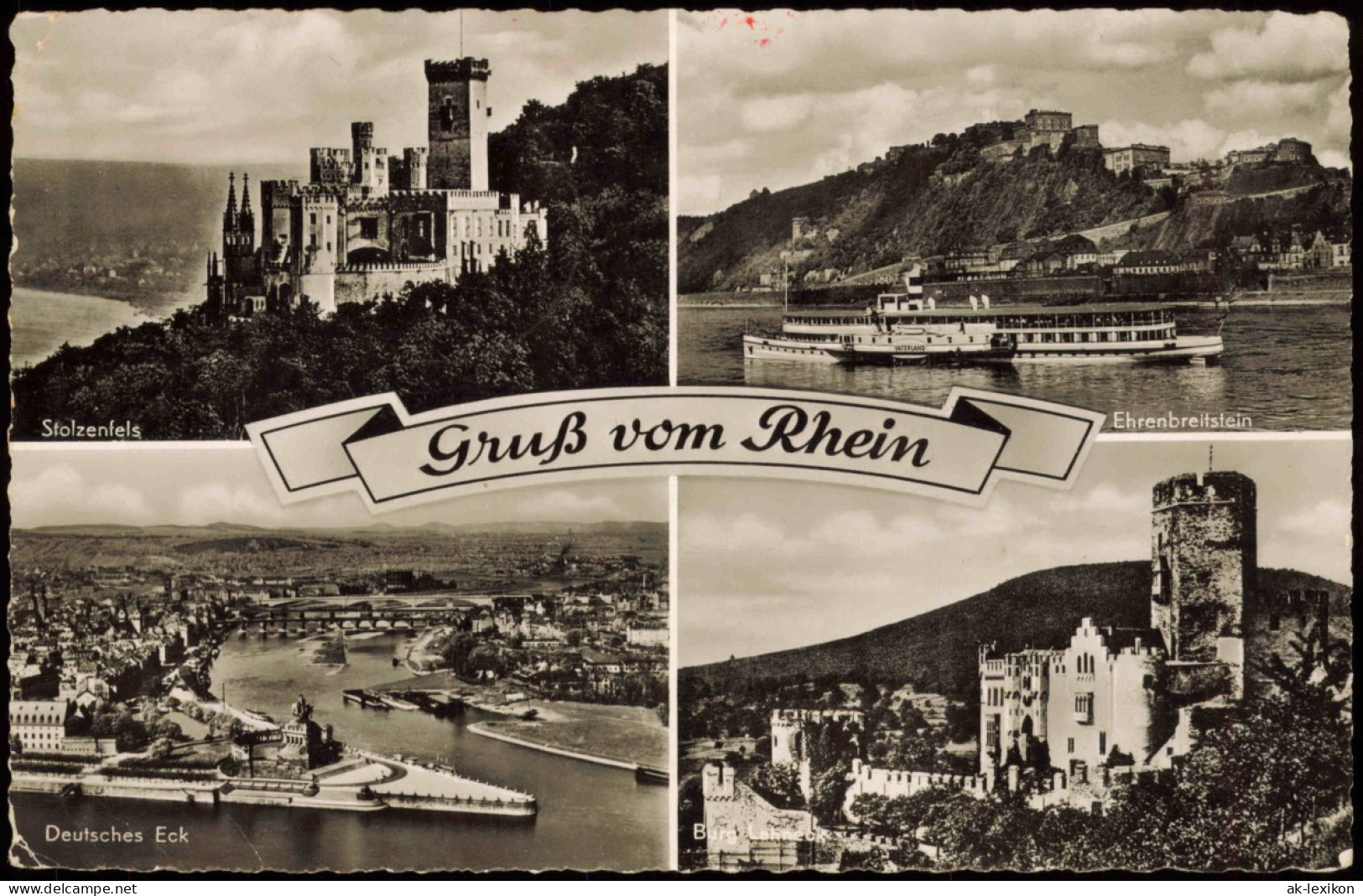 Rhein (Fluss) Mehrbild-AK 4 Ortsansichten Burg, Schiff, Koblenz 1955 - Ohne Zuordnung