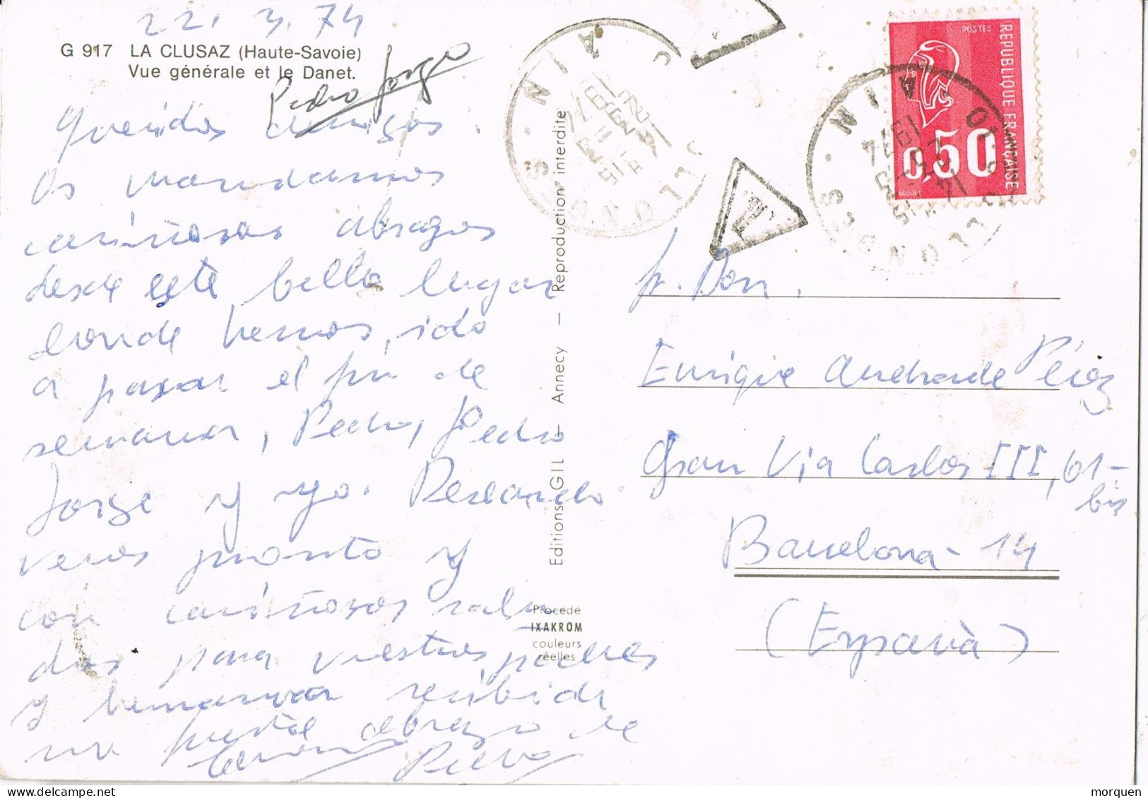 53953. Postal COLLONGES (Ain) FRance 1974. A Barcelona TAXE. Tasada- Vista De LA CLUSAZ - Cartas & Documentos