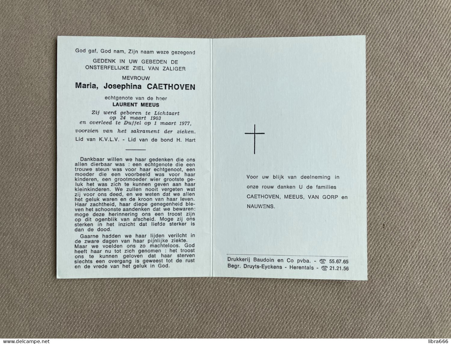 CAETHOVEN Maria Josephina °LICHTAART 1903 +DUFFEL 1977 - MEEUS - VAN GORP - NAUWENS - Obituary Notices