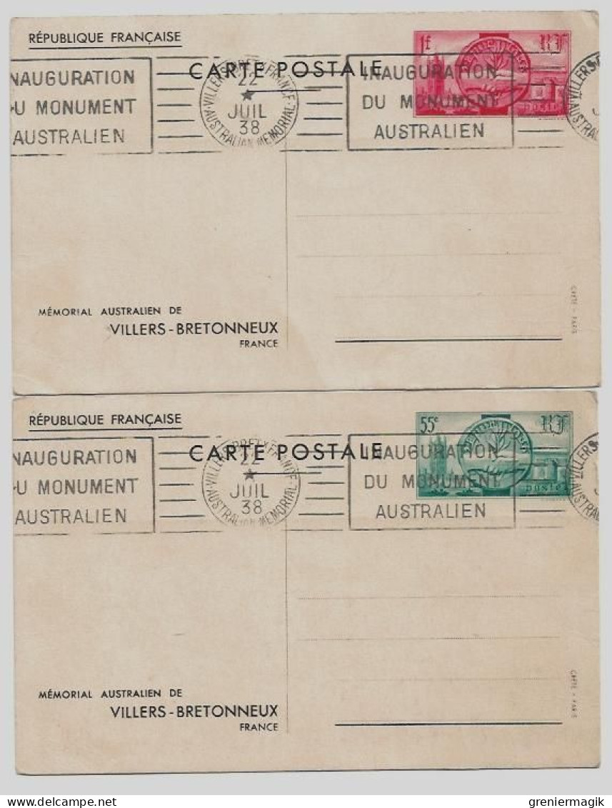 Lot De 2 Entiers Postaux 1938 Inauguration Du Monument Australien Villers-Bretonneux 55c Et 1f Flamme Krag - Konvolute: Ganzsachen & PAP