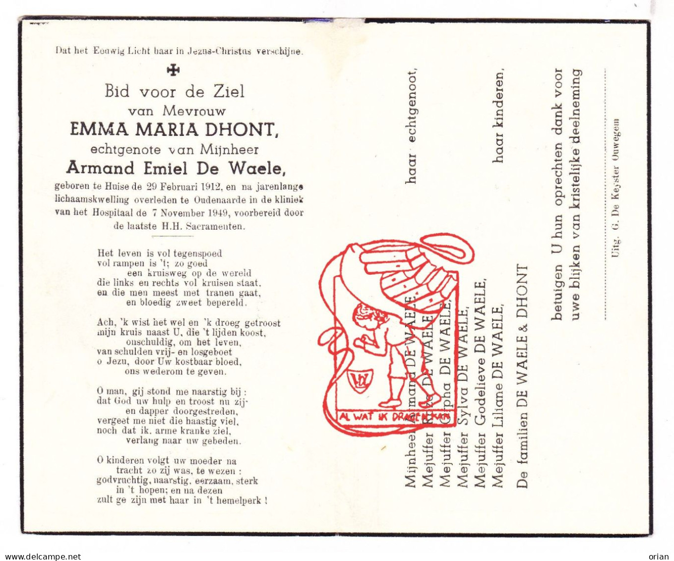 DP Emma Maria Dhont ° Huise Zingem 1912 † Oudenaarde 1949 X Armand Emiel De Waele - Images Religieuses