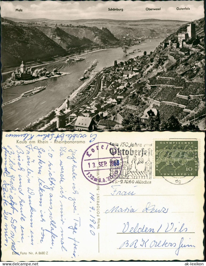 Ansichtskarte Kaub Panorama-Ansicht Mit Dem Fluss Rhein 1960 - Kaub