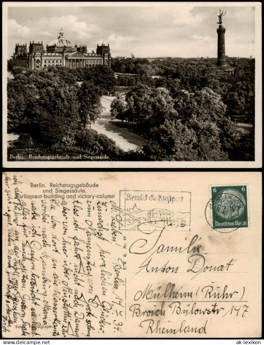 Ansichtskarte Mitte-Berlin Reichstagsgebäude Und Siegessäule. Fotokunst 1934 - Mitte