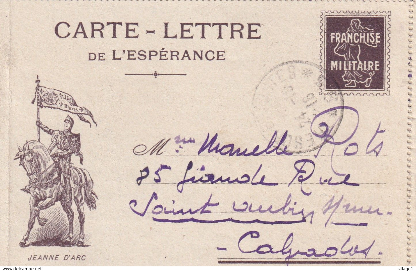 JEANNE D'ARC - CARTE - LETTRE DE L'ESPÉRANCE - FRANCHISE MILITAIRE - GUERRE 14-18 - WW1 - MITRAILLEUR - Historische Dokumente