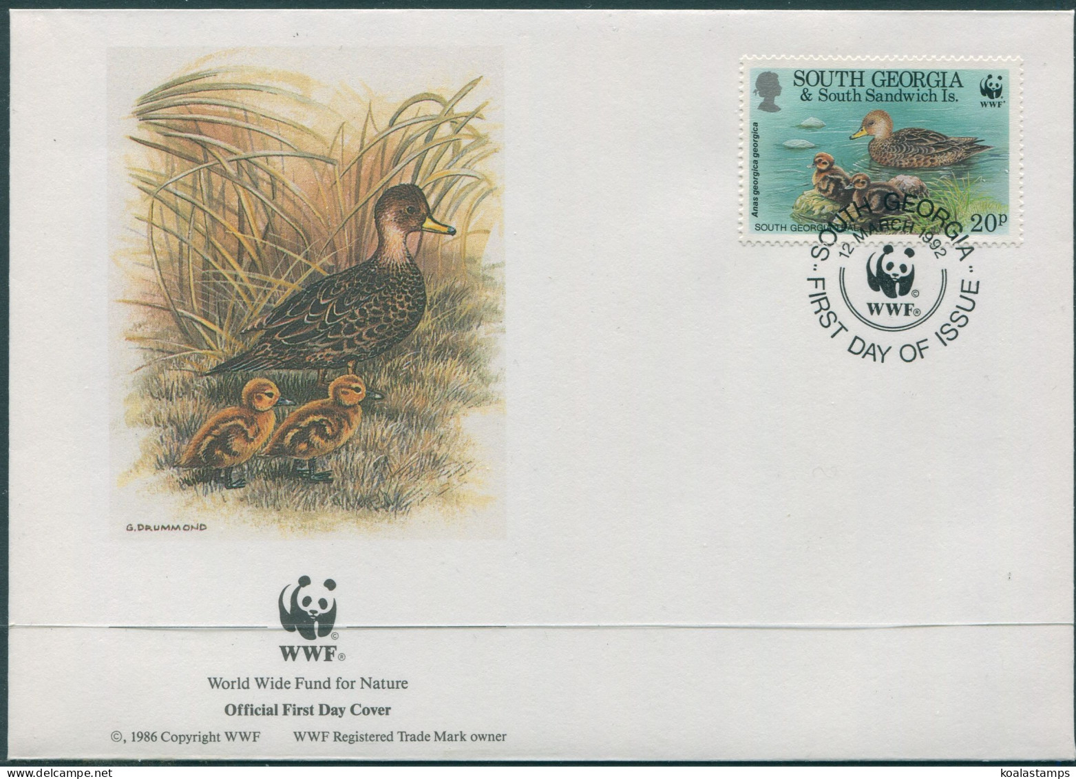 South Georgia 1992 SG217 20p Teal With Two Chicks FDC - Islas Malvinas