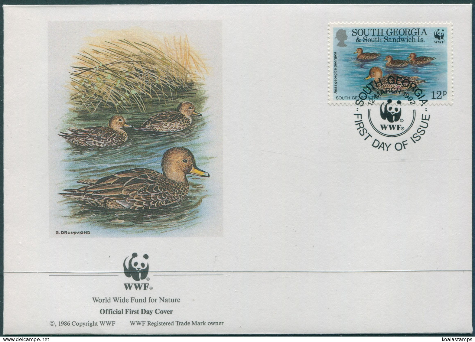 South Georgia 1992 SG216 12p Teals Swimming FDC - Islas Malvinas