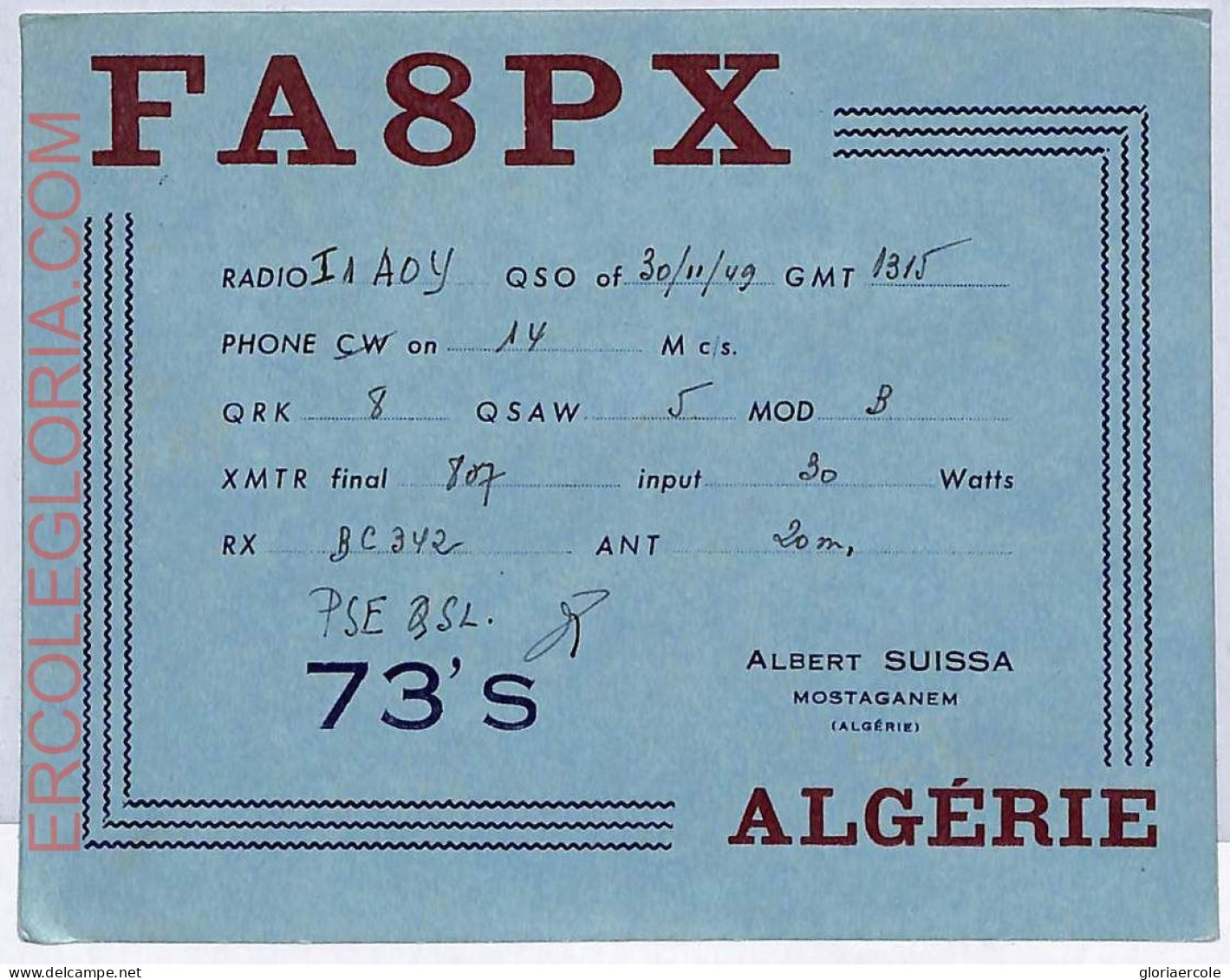 Ad8997 - ALGERIA - RADIO FREQUENCY CARD - 1949 - Radio