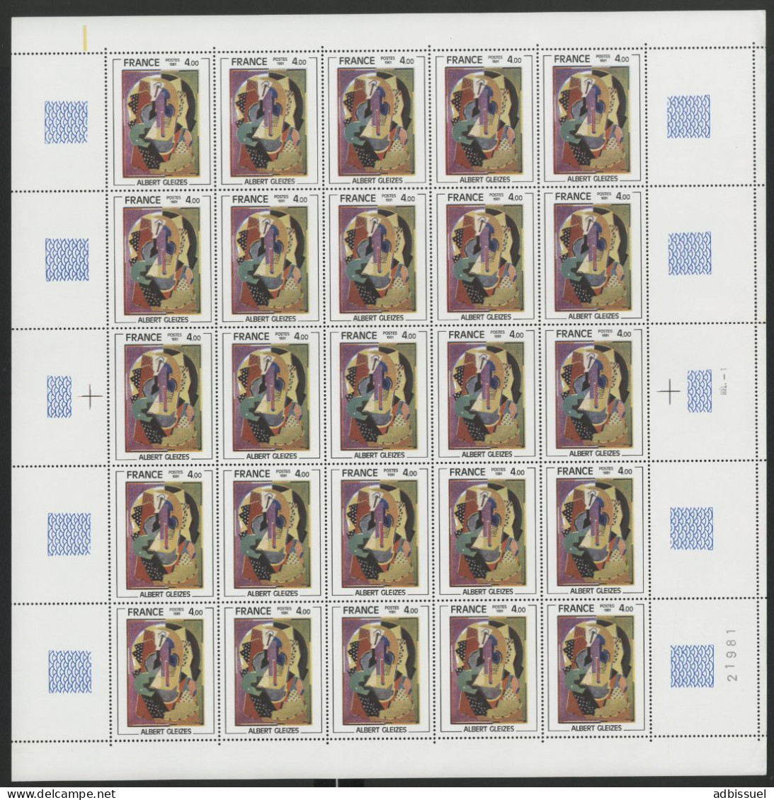 N° 2137 4 Fr Albert GLEIZES Feuille De 25 Ex. Vendue à La Valeur Faciale. ** MNH COTE 57,50 € (voir Description) - Ganze Bögen