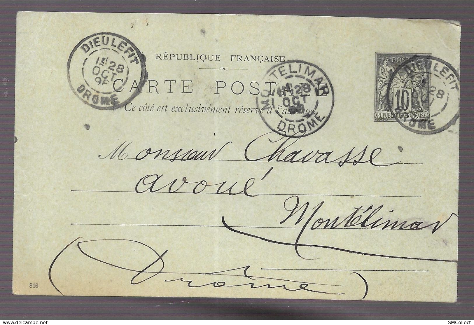 Entier Postal, Sage 10 Centimes Noir Voyagé En Octobre 1898, De Dieulefit Vers Montélimar (13585) - Standard- Und TSC-AK (vor 1995)