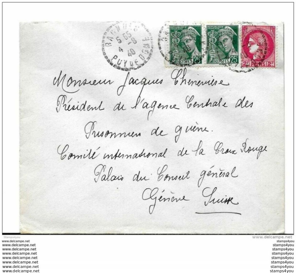 43-69 - Enveloppe Envoyée Du Puy De Dome à La Croix Rouge Agence Prisonniers De Guerre Genève 1940 - Guerra De 1939-45