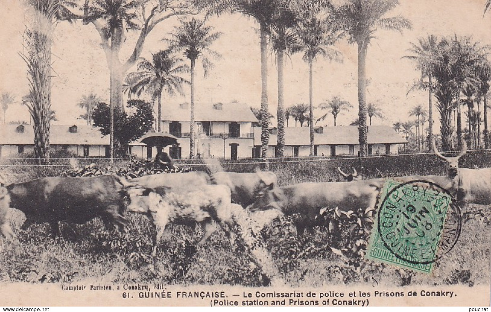 GU Nw- GUINEE FRANCAISE - LE COMMISSARIAT DE POLICE ET LES PRISONS DE CONAKRY - ANIMATION - TROUPEAU - OBLITERATION 1908 - French Guinea