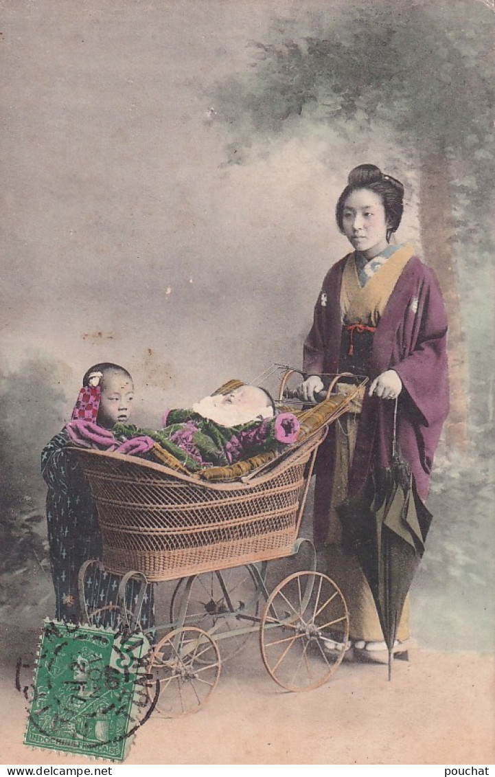GU Nw- FEMME AVEC BEBE DANS LANDAU ET ENFANT - OBLITERATION HAIPHONG , TONKIN ( VIETNAM ) 1907 - Asien