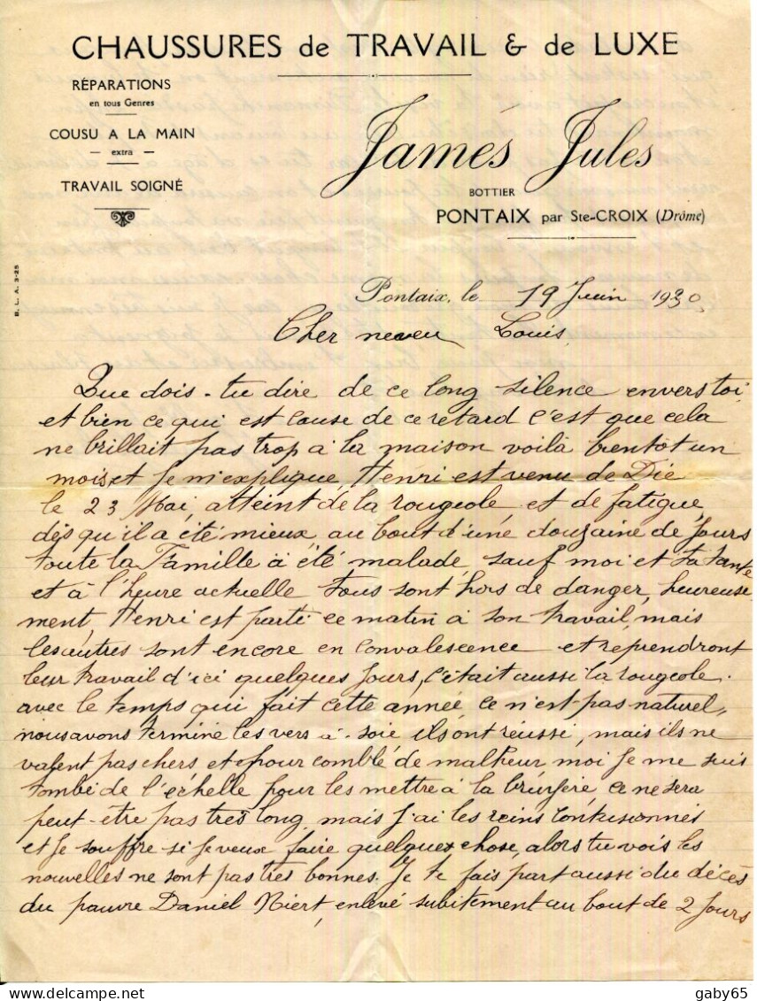 FACTURE.26.DRÔME.PONTAIX.CHAUSSURES DE TRAIVAIL & DE LUXE COUSU A LA MAIN.JAMES JULES BOTTIER. - Textile & Vestimentaire