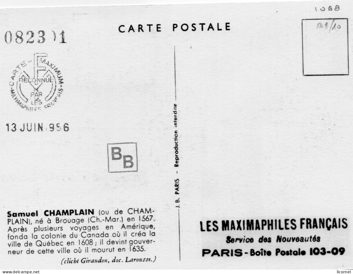 Carte Maxi 1956 : SAMUEL CHAMPLAIN - 1950-1959