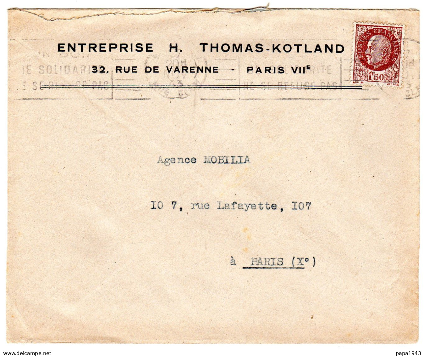 1943  "  Entreprise H THOMAS - KOTLAND  Rue De Varenne " - Storia Postale