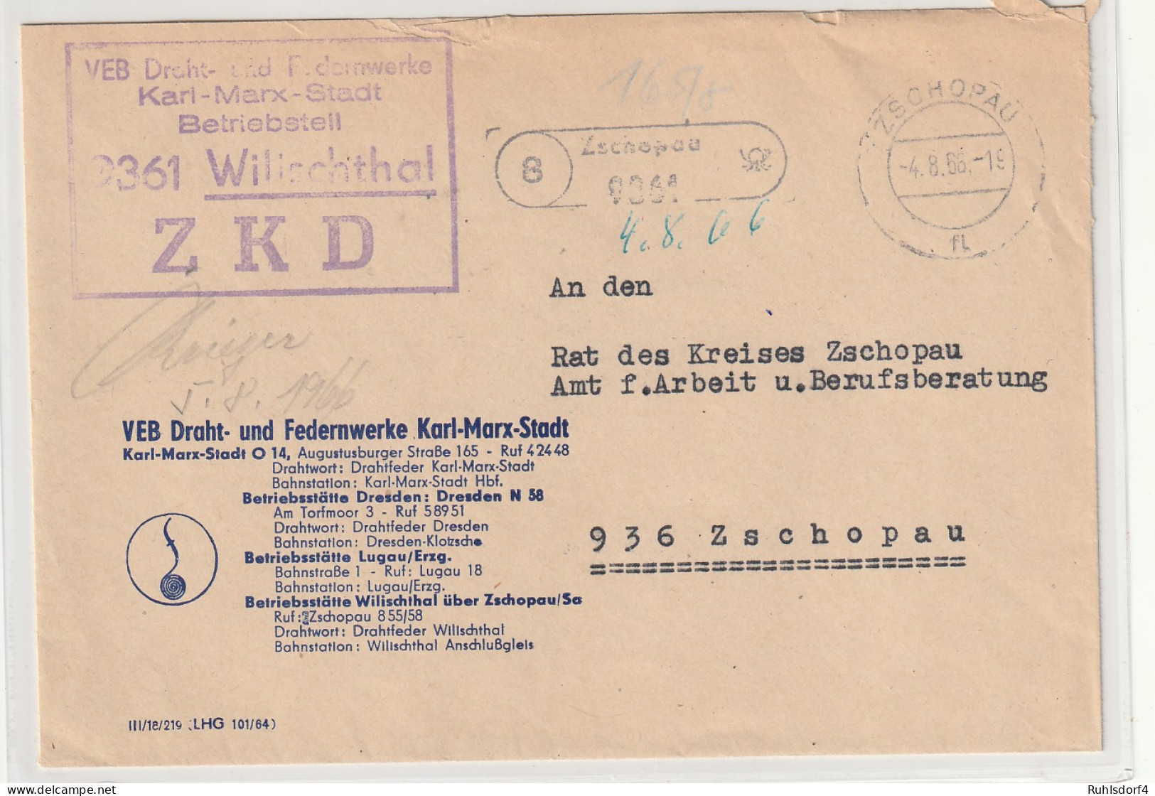 ZKD-Brief über Postnebenstelle Wilischthal - Sonstige & Ohne Zuordnung