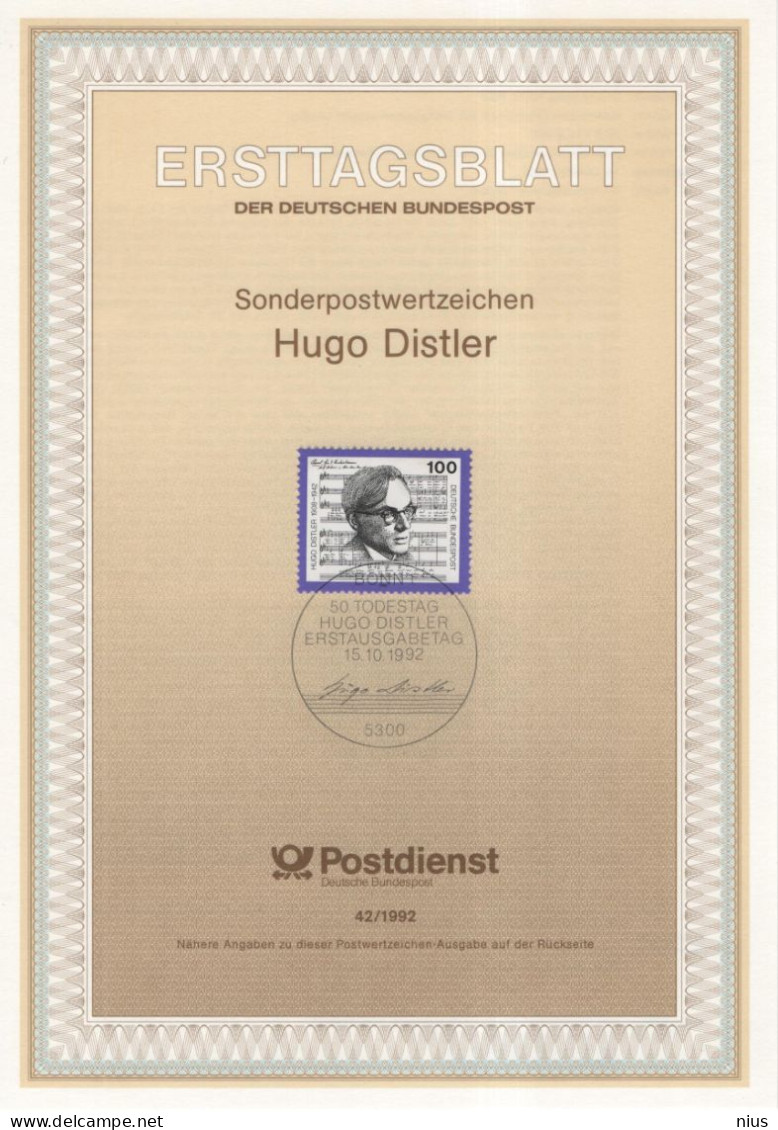 Germany Deutschland 1992-42 Hugo Distler, German Organist Conductor Composer Komponist Music Musik, Canceled In Bonn - 1991-2000