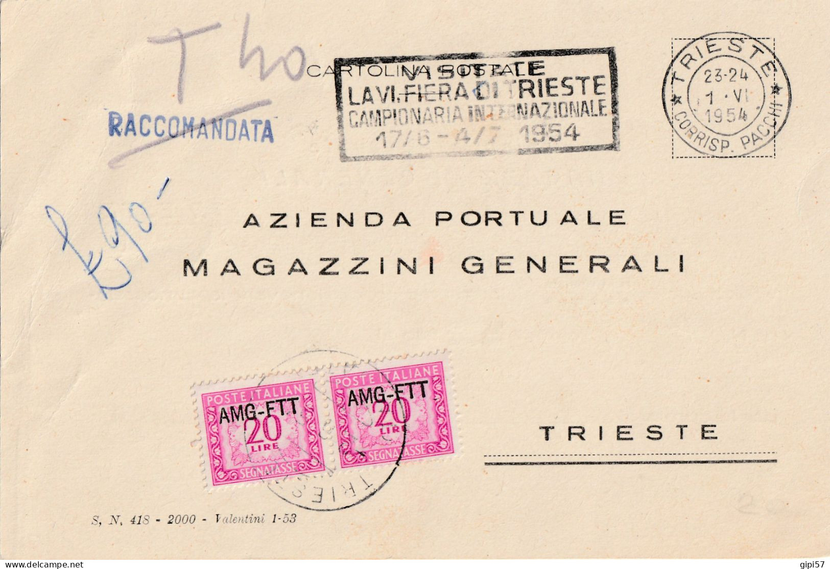 TRIESTE AMG-FTT 1953 SEGNATASSE 2 X 20 LIRE SU CARTOLINA POSTALE - Marcofilía