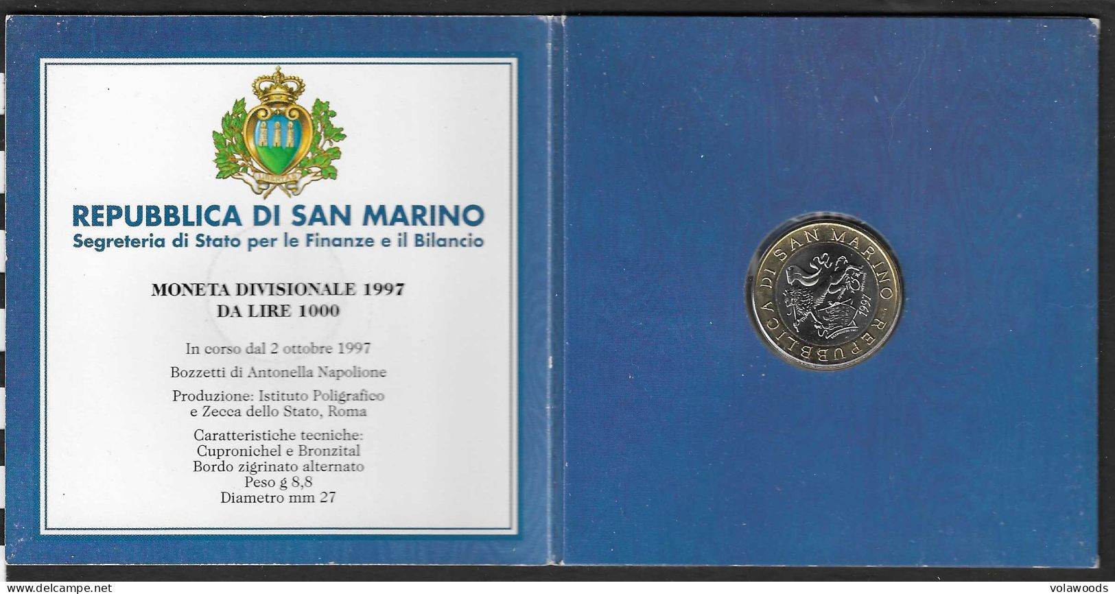 San Marino - Moneta Divisionale Fior Di Conio Da 1000 Lire In Folder Ufficiale - 1997 - Saint-Marin