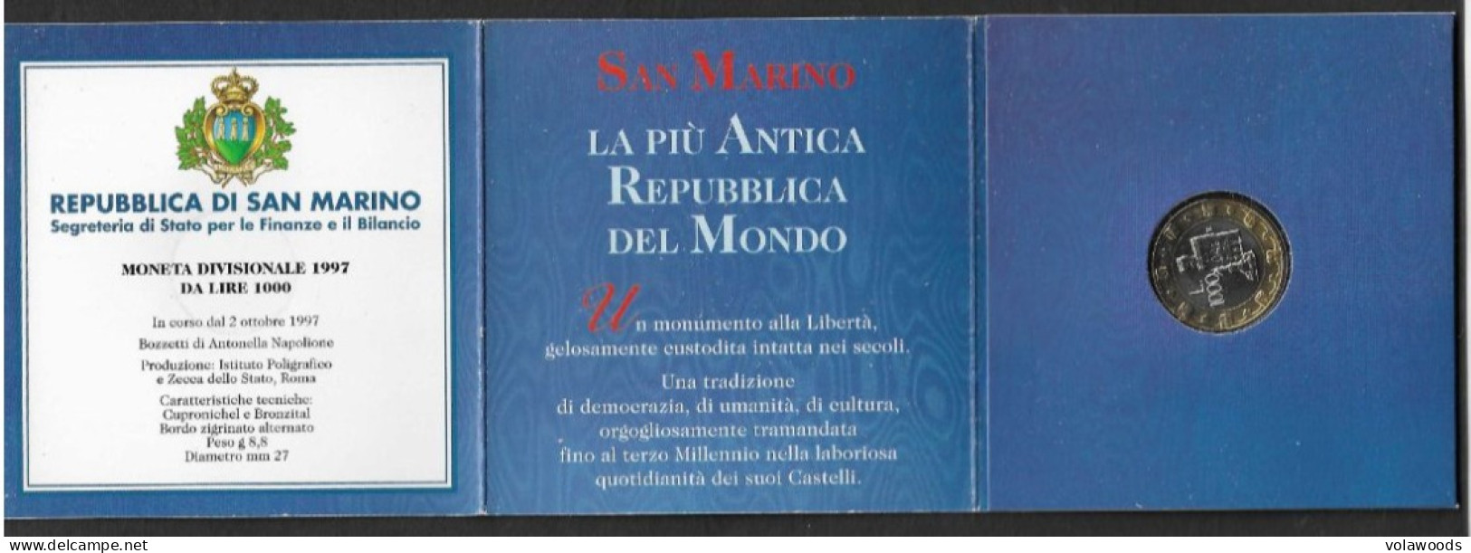 San Marino - Moneta Divisionale Fior Di Conio Da 1000 Lire In Folder Ufficiale - 1997 - Saint-Marin