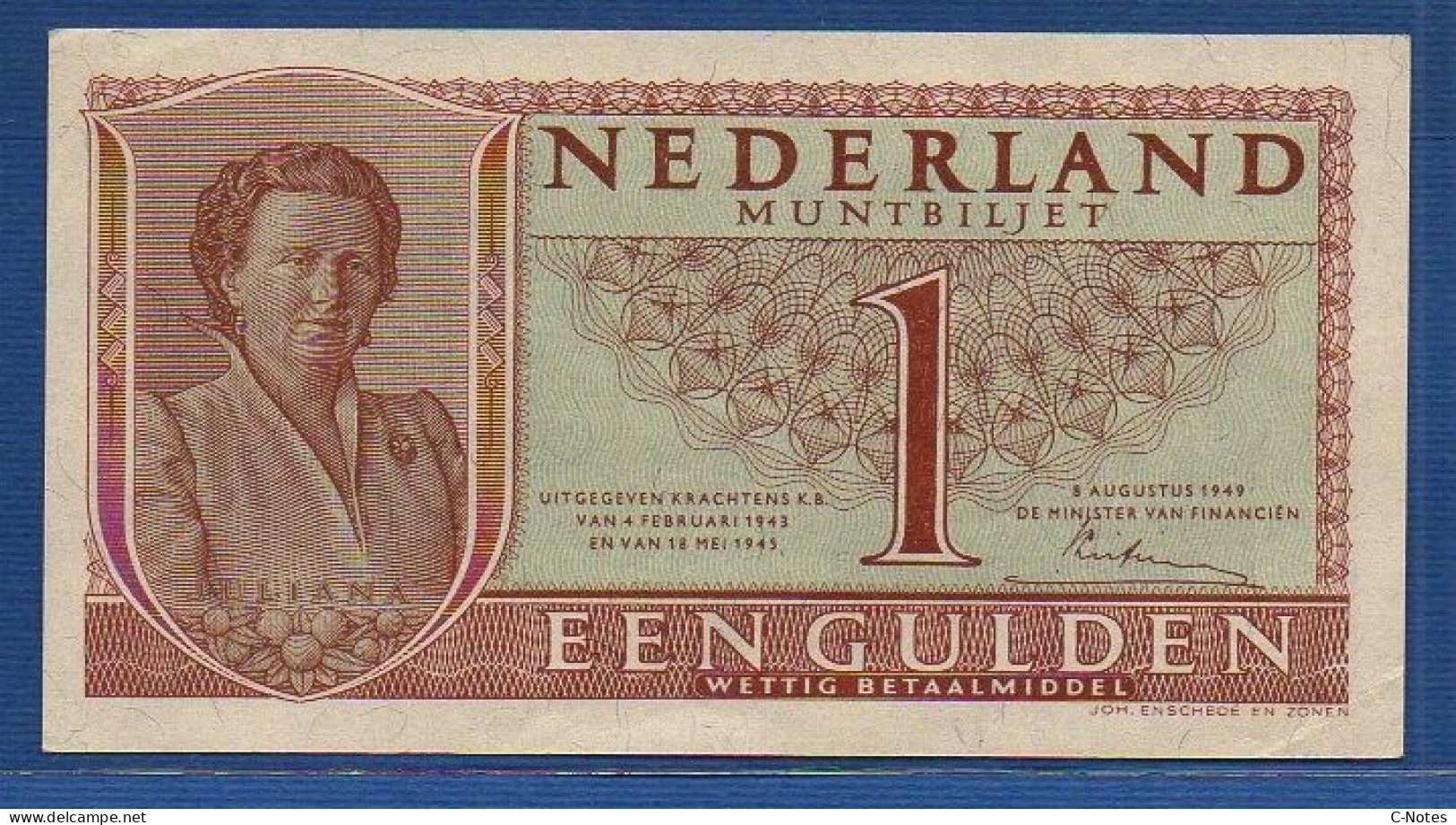 NETHERLANDS  - P.72 – 1 Gulden L. 04.02.1943 & 18.05.1945 / 08.08.1949  XF/AU, S/n 2CJ081497 - 1 Gulde